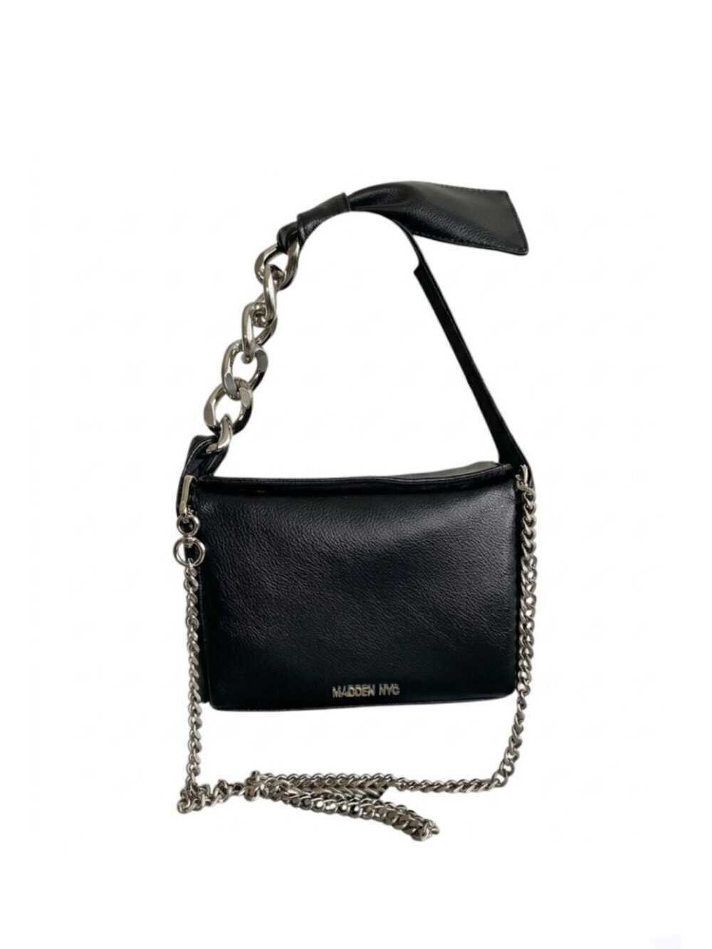 Madden NYC Black Faux Leather Bag with Bow & Chain​